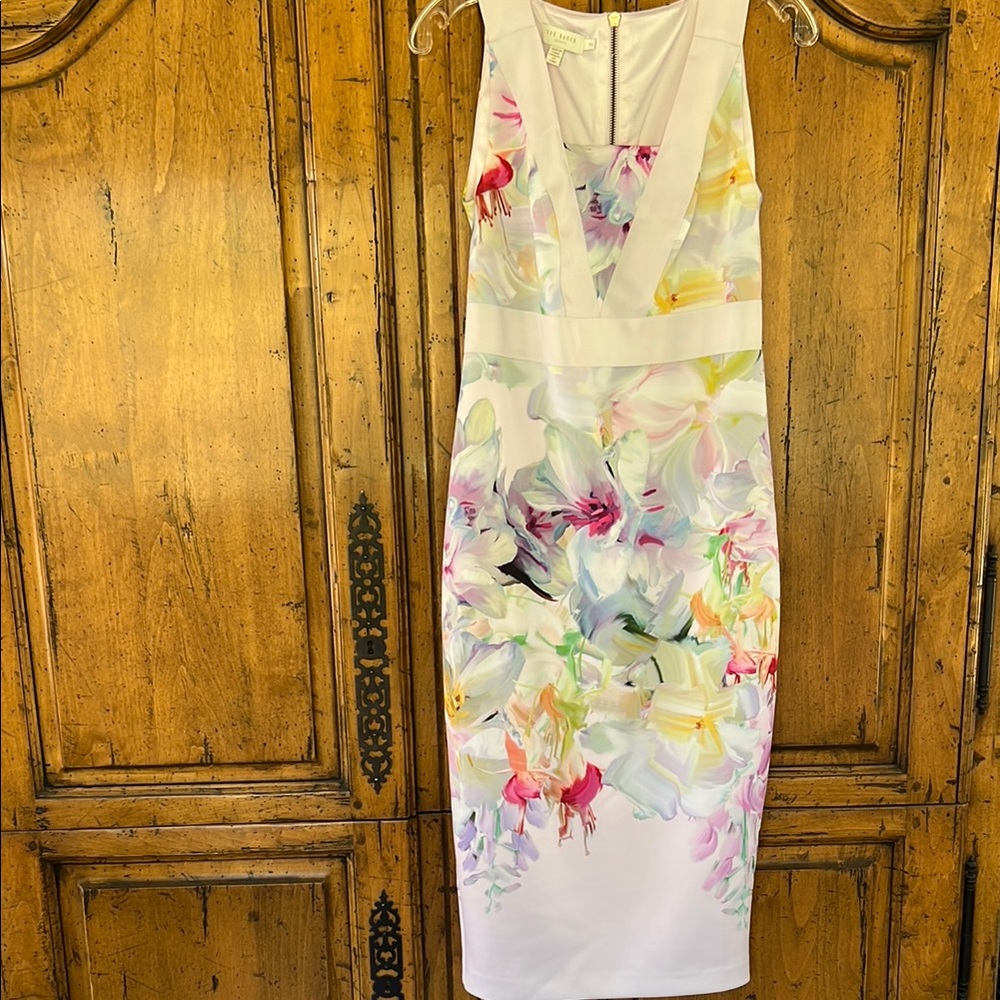 Ted Baker White Midi Dress with Pastel Floral Watercolor Print
